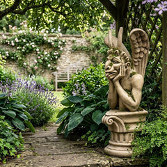 Statue of a winged figure in a garden with flowers and a stone wall.