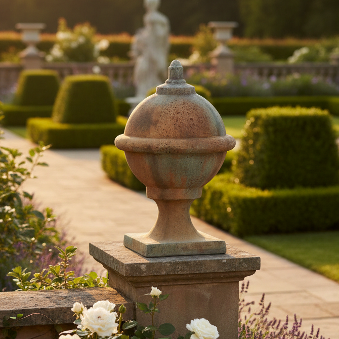 Decorative garden with potted plants and a stone urn in a formal garden setting.