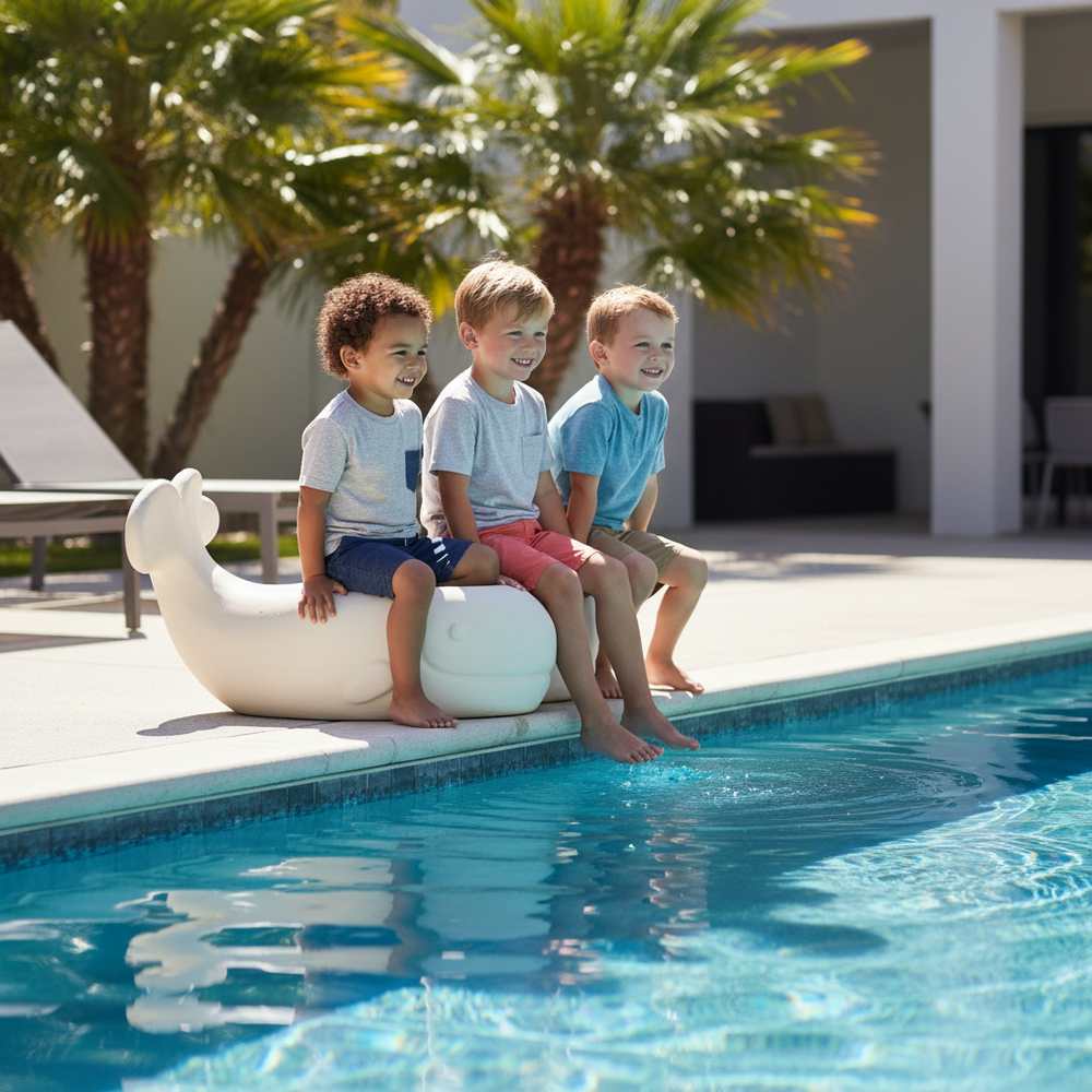 Three children sitting on a banana-shaped pool float by a pool with palm trees in the background.