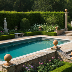 Pool area with hedges, statues, and flowers in a garden setting