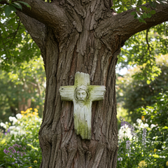 Christ'S Face On Wooden Cross Garden Display