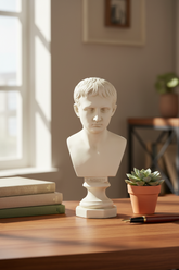 White marble bust on a wooden table with books and a plant