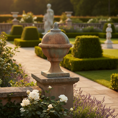 Decorative garden with potted plants and a stone urn in a formal garden setting.