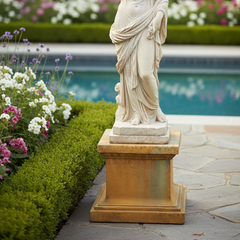 Statue of a classical woman in a garden setting with flowers and a pool in the background