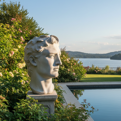 Statue of a classical head in a garden with a pool and scenic view.