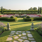 Well-maintained garden with stone pathway, manicured hedges, and colorful flowers.