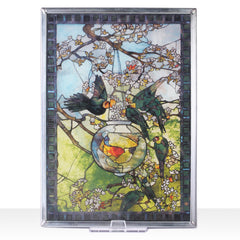 Parakeets and Goldfish Stained Art Glass Window Hanging - XoticBrands Home Decor