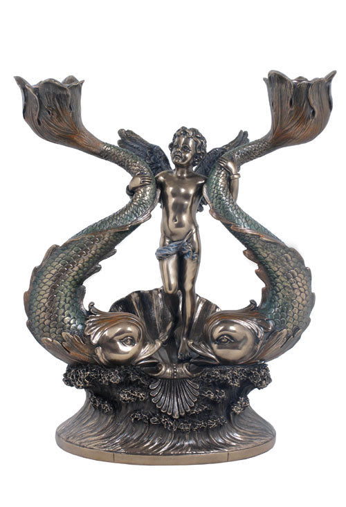 Cherub and fish cold cast bronze candle holder on a wave-form base