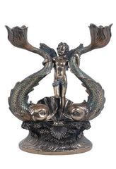 Cherub and fish cold cast bronze candle holder on a wave-form base