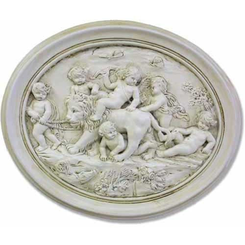 Cherubs Playing With Lion Plaque 19 Garden Angel Statue - XoticBrands Home Decor