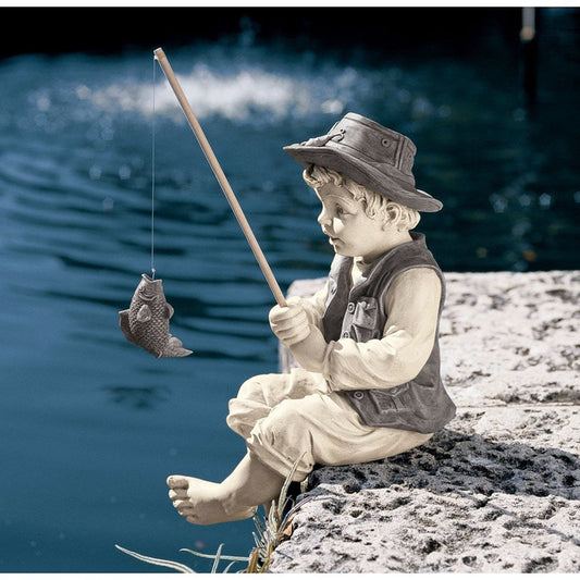 Bring Nostalgia to Your Garden with the 15" Fisherman Child Home Pool Garden Sculpture