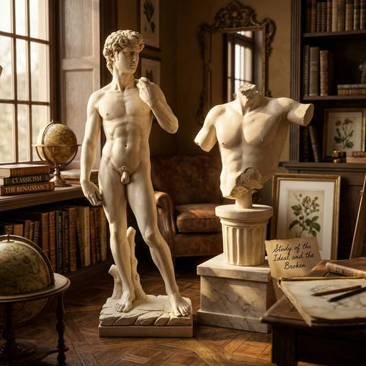 Michelangelo's David statue and the Torso of Destafano sculpture together in a book-lined study