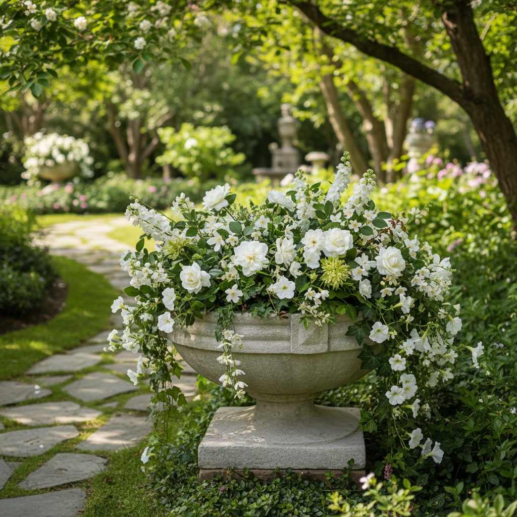 Floral arrangement in a stone urn on a garden path with greenery.