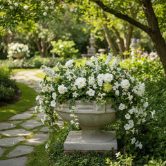 Floral arrangement in a stone urn on a garden path with greenery.