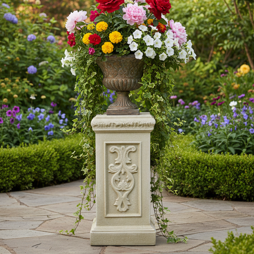 An ornate stone pedestal planter stand holding a large bronze urn filled with colorful flowers and trailing green vines, set in a landscaped garden on a stone path.