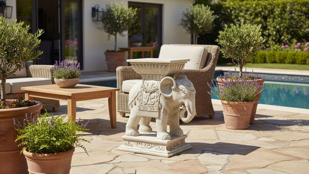 18" Elephant Pedestal Statue – Classic Indian Garden Sculpture