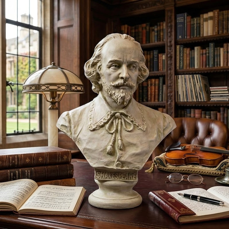  18 inch Shakespeare bust  Bust of a famous person on a desk with books and a violin in a library setting