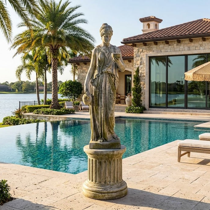 Statue by a pool with a house and palm trees in the background