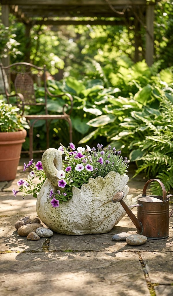 Graceful Elegance: Swan Planter Animal Garden Statue