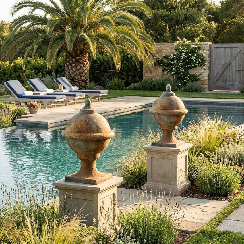 Pool area with decorative urns, lounge chairs, and palm trees