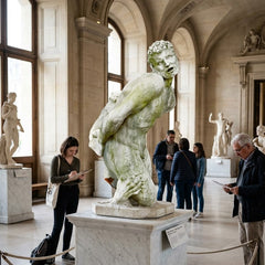 Statue in a museum with visitors around