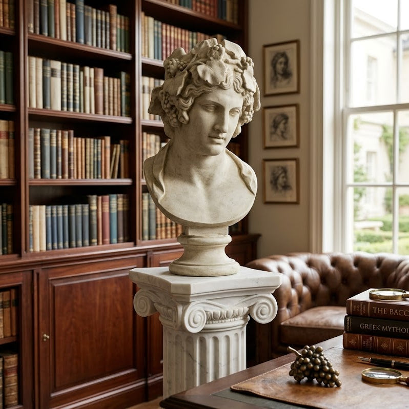  28  inch Dionysus Bust on a Pedestal Bust on a pedestal in a room with bookshelves and a window