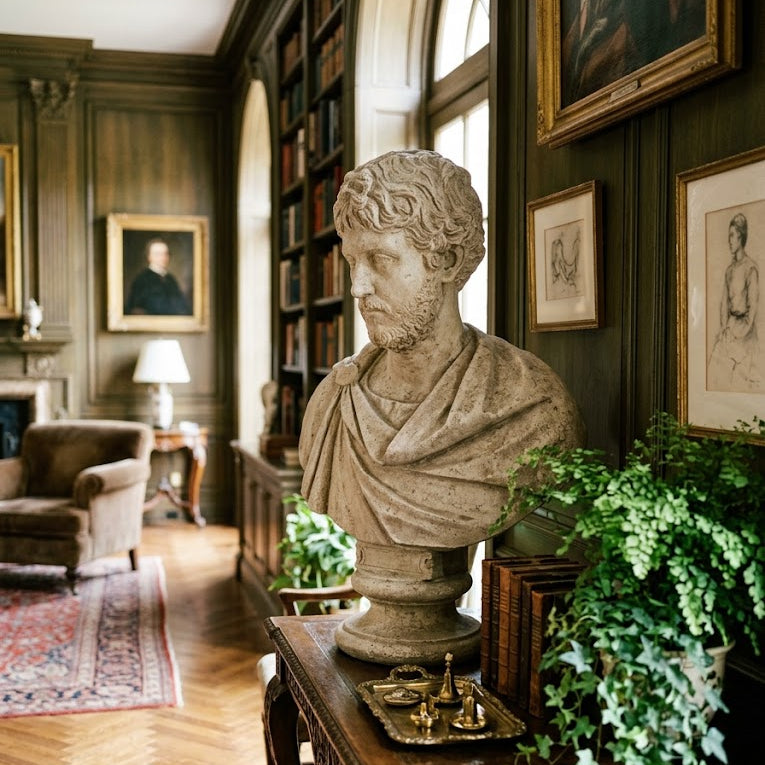 A classical stone bust sculpture of a bearded man in draped clothing, displayed on an ornate wooden table in a dark, elegant study with bookshelves, paintings, and green plants.