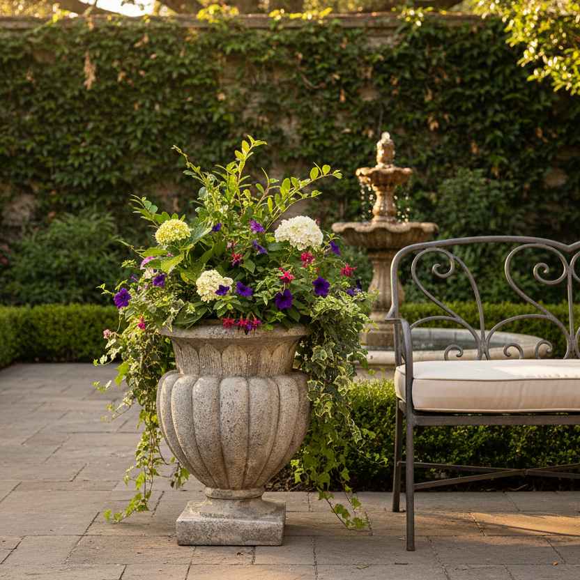 Decorative urn with flowers in a garden setting with a bench and fountain.