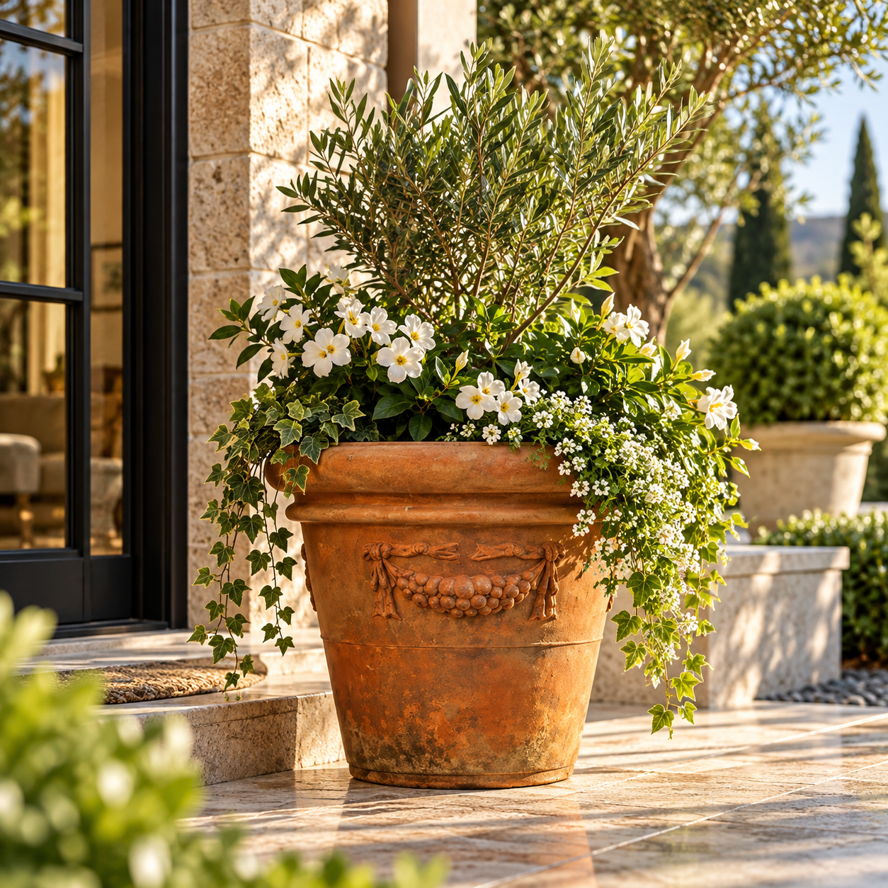 Garland rolled rim pot, 30 inch terracotta-toned planter with a swag relief, planted with rosemary and white flowers on a sunlit terrace