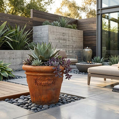 Modern outdoor patio with a potted plant, seating area, and garden.
