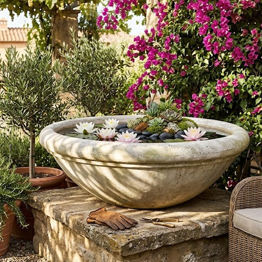 A large round stone planter bowl filled with water and flowers, placed on a stone pedestal in a sunny garden patio setting with a wicker armchair, potted plants, and bright pink bougainvillea flowers.