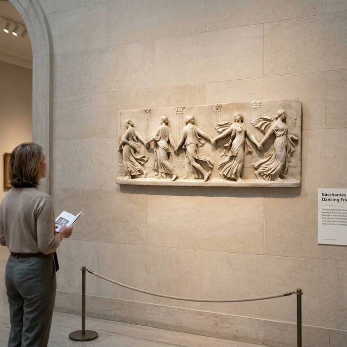 Person looking at a wall sculpture in a museum