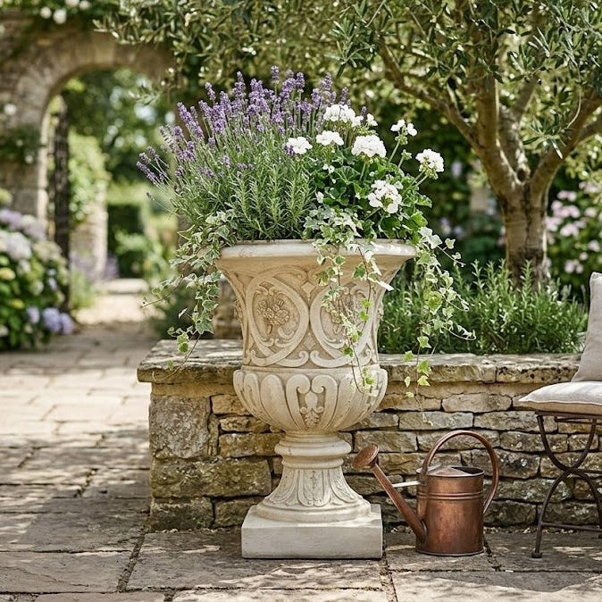 Decorative urn with flowers in a garden setting with a chair and watering can.