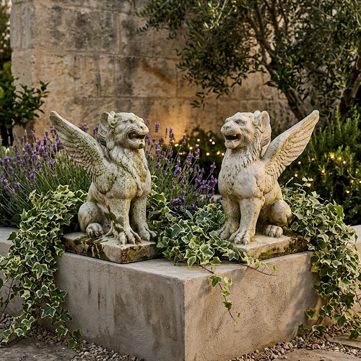 Two stone lion statues on a pedestal in a garden setting with plants and a building in the background.