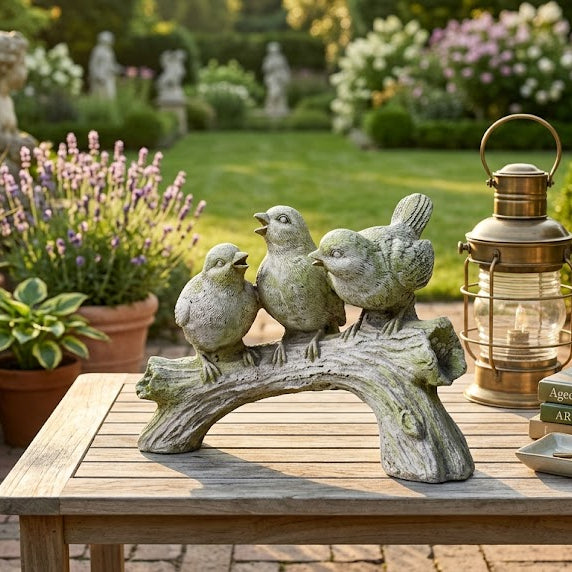 Decorative bird sculpture on a table with garden and statues in the background