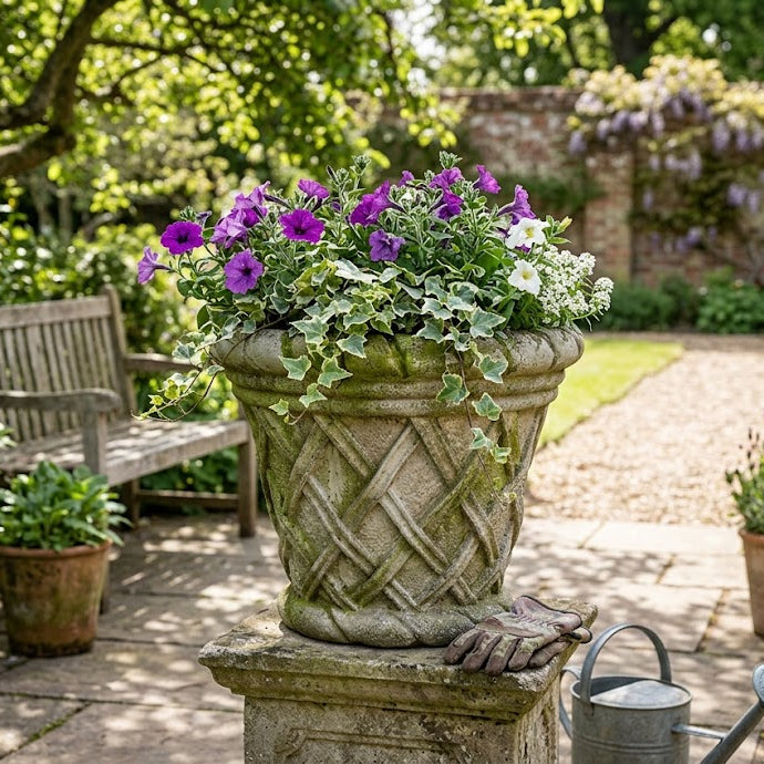 Decorative stone planter with flowers in a garden setting
