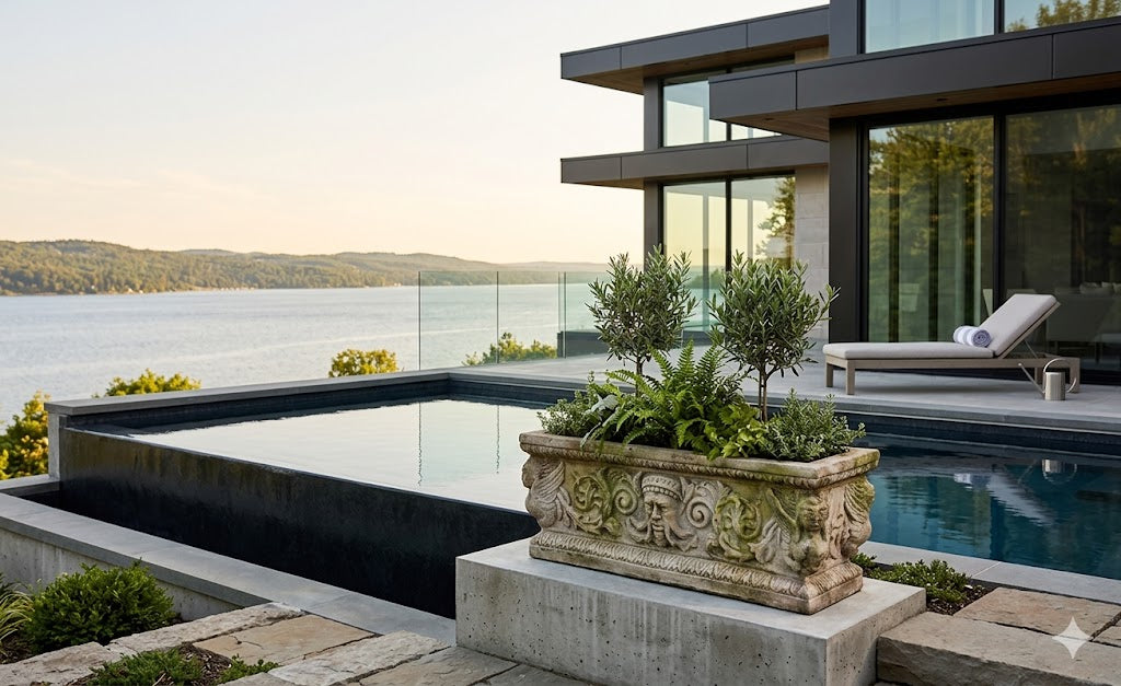 Modern house with a pool and garden view of water