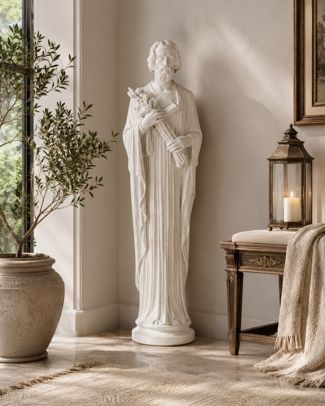 Statue of a man holding a child in a room with a plant and table.
