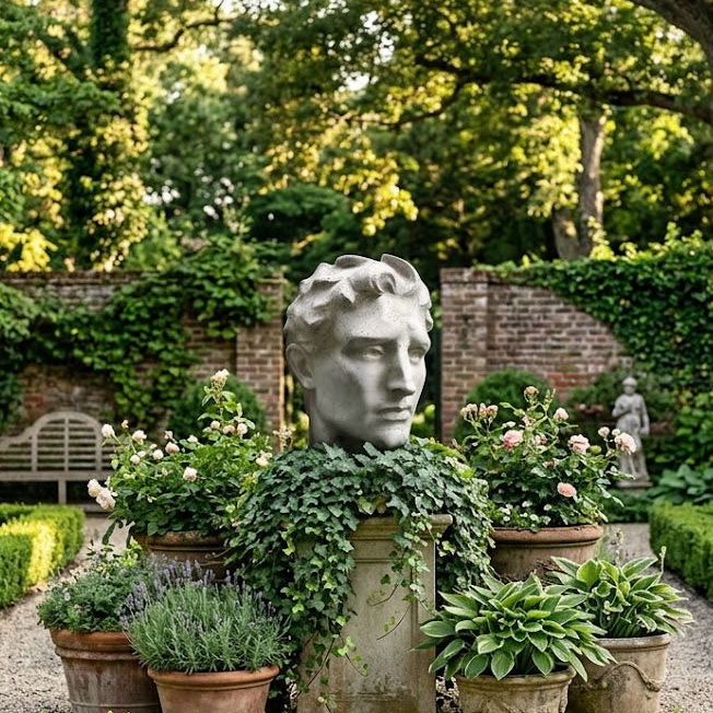 Garden with classical statue head, potted plants, and neatly trimmed hedges.