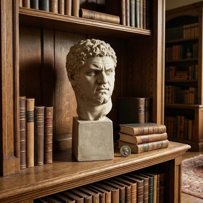 Statue of a classical head on a wooden shelf with books in a library setting