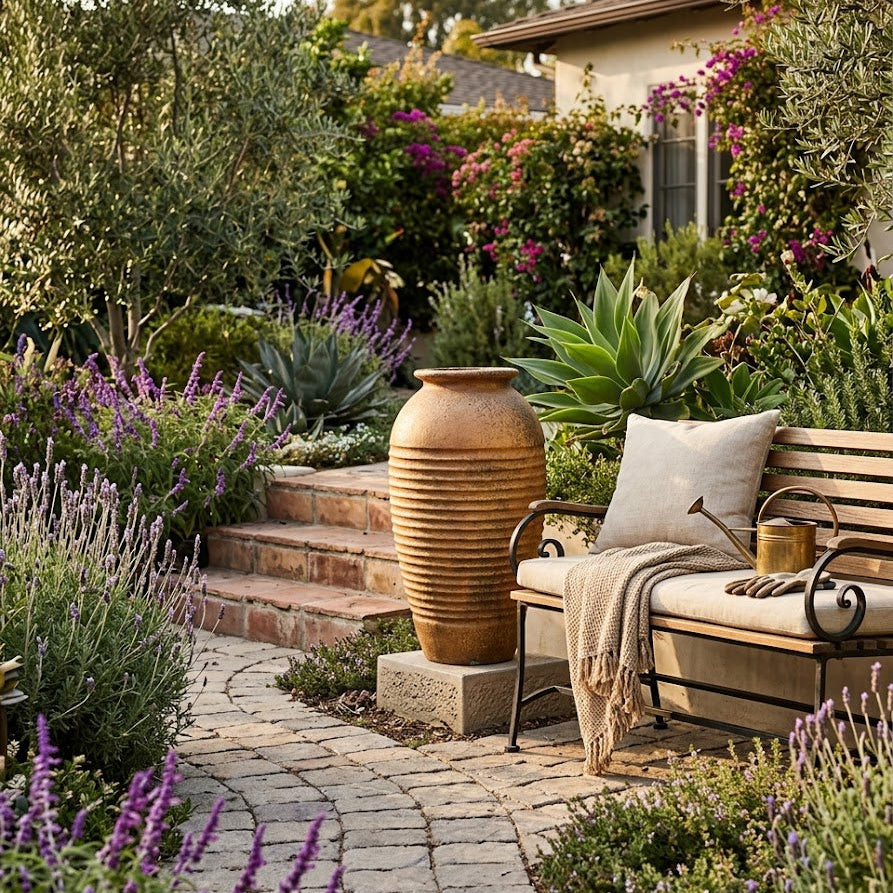 Garden scene with a bench, decorative urn, and potted plants.