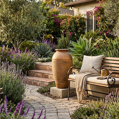 Garden scene with a bench, decorative urn, and potted plants.