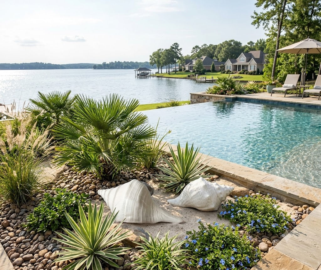Pool area with landscaping, chairs, and a view of a lake.