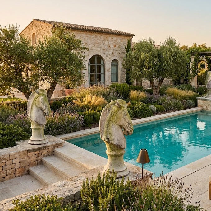 Luxurious outdoor pool area with statues, chairs, and garden in a Mediterranean-style setting.