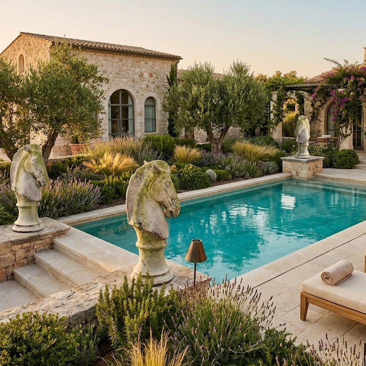 Luxurious outdoor pool area with statues, chairs, and garden in a Mediterranean-style setting.