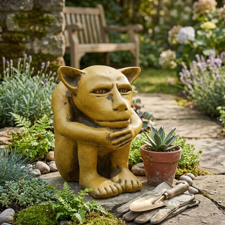 Garden gnome sitting on a stone path surrounded by plants and gardening tools.