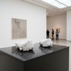 Two white abstract sculptures on a black platform in an art gallery with people observing.