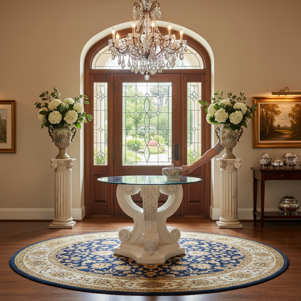Decorative room with a round table, floral arrangements, and a chandelier.