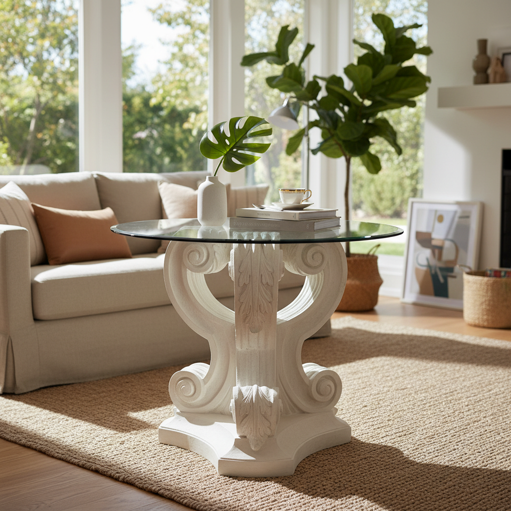 Decorative white side table with glass top in a living room setting