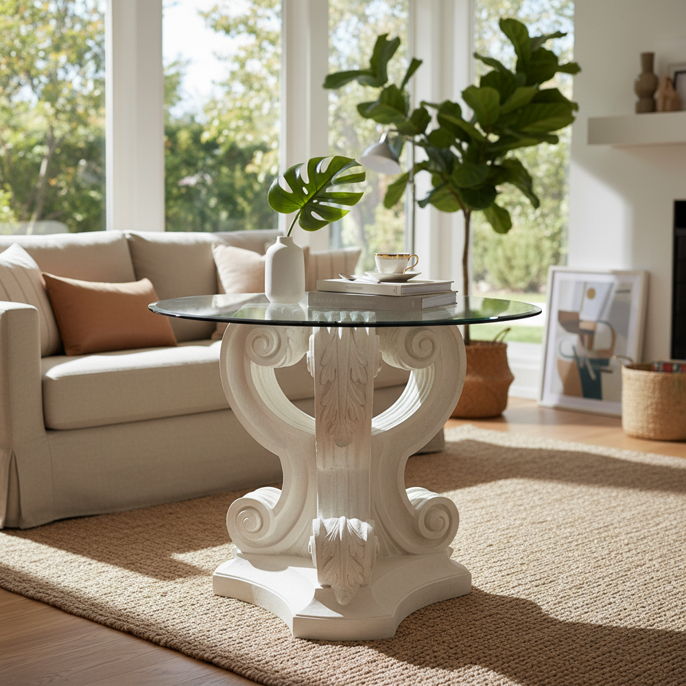 Decorative white side table with glass top in a living room setting